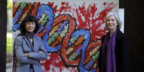 French microbiologist Emmanuelle Charpentier (L) and professor Jennifer Doudna of the U.S. pose for the media during a visit to a painting exhibition by children about the genome, at the San Francisco park in Oviedo